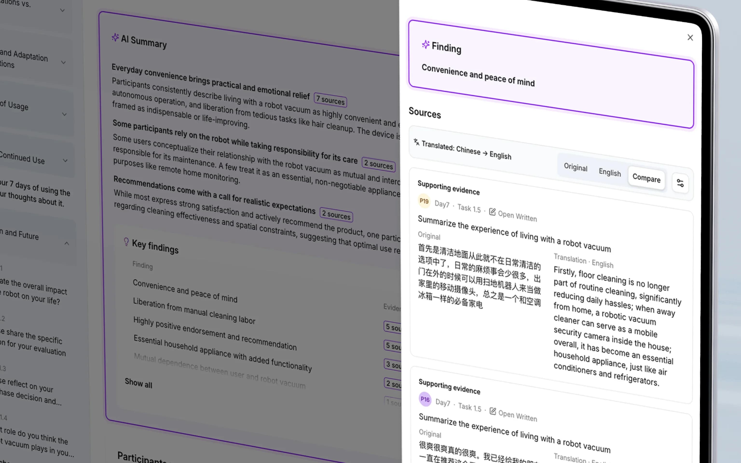 Recap links AI-generated findings to supporting participant responses in Chinese and English